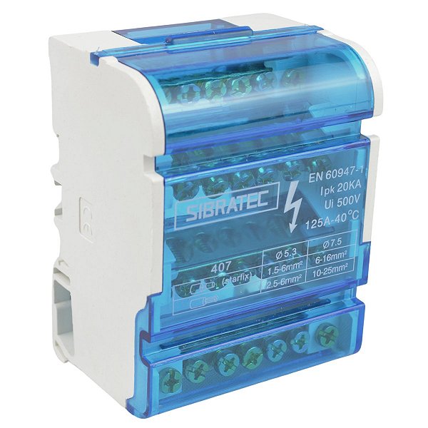 Bloco de distribuicao modular 7 furos  125A azul 4 barr S112-03