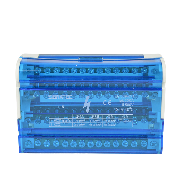 Bloco de distribuicao modular 15 furos  6 a 25mm azul 4 barramento