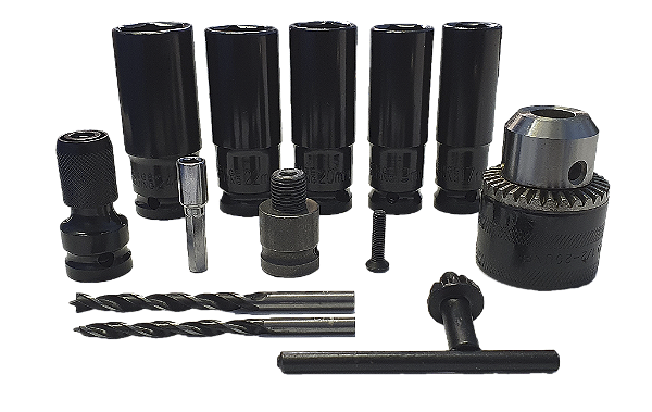 KIT DE SOQUETES + MANDRIL PARA CHAVE DE IMPACTO ENCAIXE 1/2" (PRODUTO IMPORTADO)