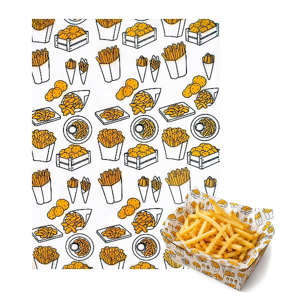 PAPEL ANTI GORDURA FORRAR CAIXA DE PORÇÕES FRITAS DELIVERY 500F
