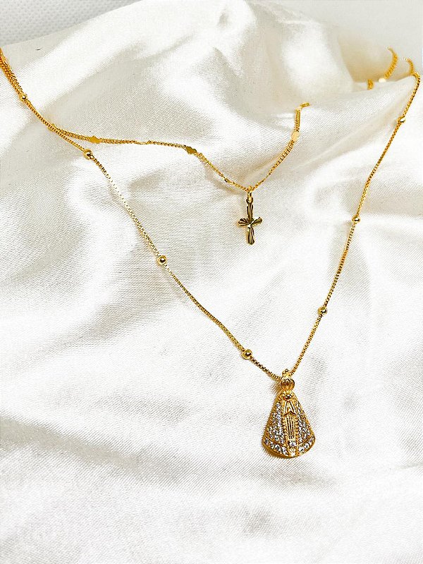 Colar Duplo Nossa Senhora e Cruz