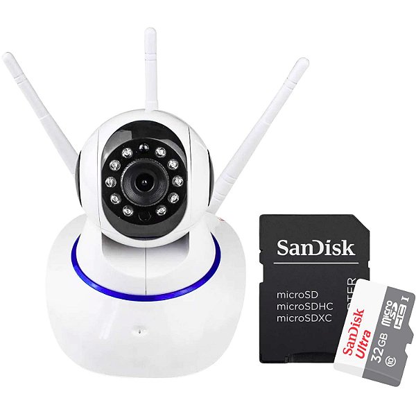 Kit Câmera de Segurança IP Wi-Fi 360° sem Fio com 3 Antenas + Micro SD 32GB