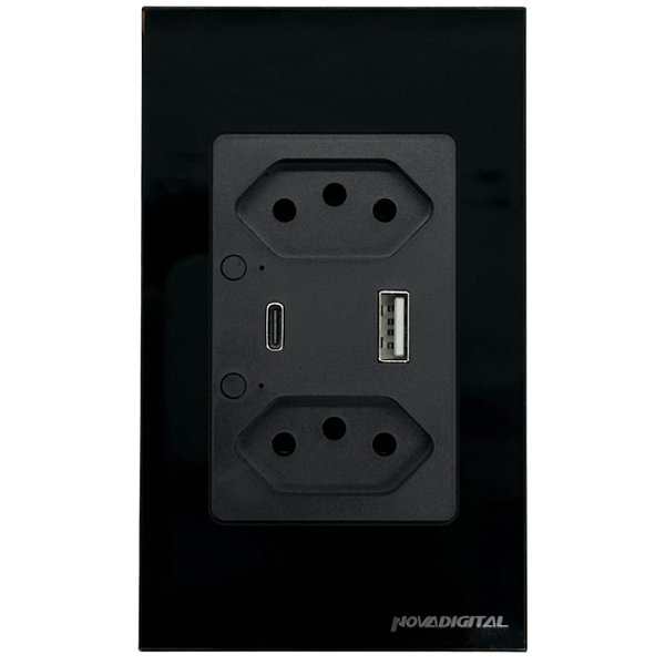 Tomada 2x4 WiFi 2 BR + USB+USB-C Preto NovaDigital S2C-USB-C