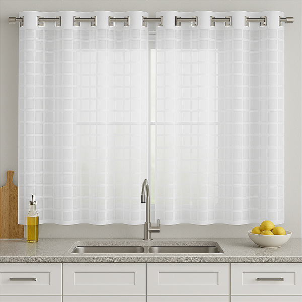 Cortina Pendure Cozinha de Voil Xadrez A120xL300cm Branca Ilhós Cromado Quadrado
