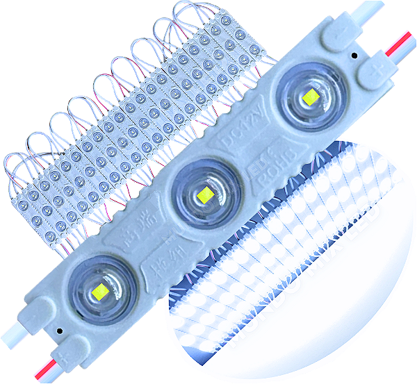Módulo LED 7030 1,7W 3-LEDs COREANO Branco Frio 7000k 12V IP67 Lente 175º Injetado P/ Letras Caixa