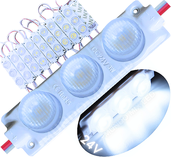 Módulo LED Mega Lente 3030 3W 24V 3-LEDs Branco FRIO 8000k IP67 24Volts 60º Injetado Para Letreiros Super Leds