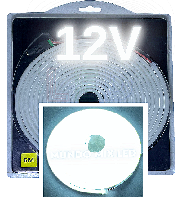 Mangueira Neon LED 12V 5mts 6X12mm Branco Frio 8000k 12w/mt Flexível Corte 2,5cm 12volts