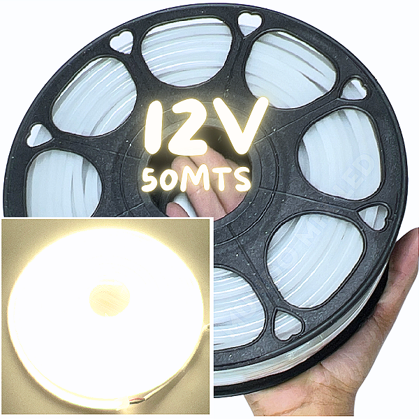 Mangueira Neon LED 12V 50MTS 6X12mm Branco Morno 4000k 12w/mt Flexível 12volts