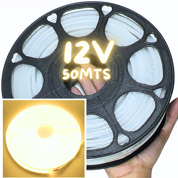 Mangueira Neon LED 12V 50MTS 6X12mm Branco Quente 3000k 12w/mt Flexível 12volts