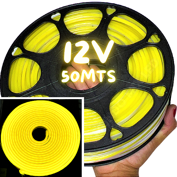 Mangueira Neon LED 12V 50MTS 6X12mm Amarelo Limão 12w/mt Flexível 12volts