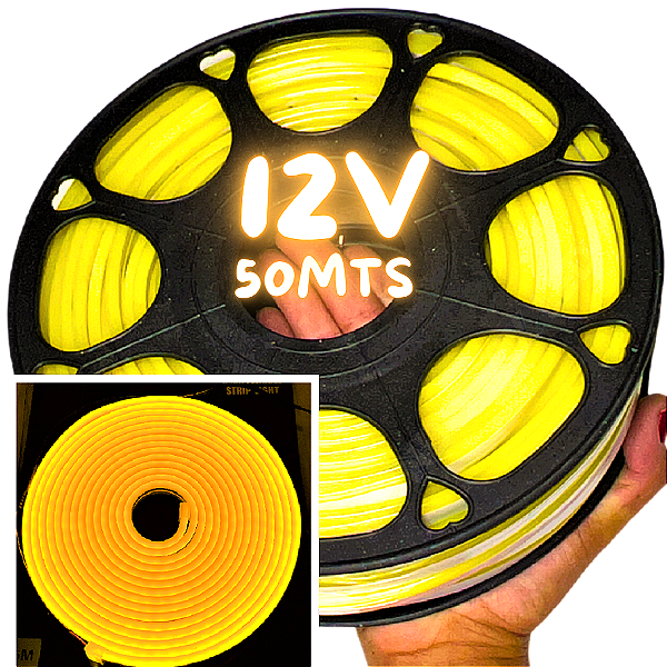 Mangueira Neon LED 12V 50MTS 6X12mm Amarelo Âmbar 12w/mt Flexível 12volts