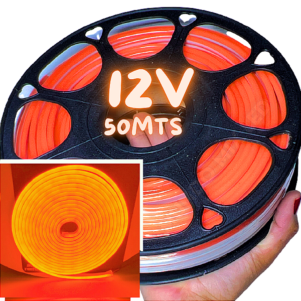 Mangueira Neon LED 12V 50MTS 6X12mm Laranja 12w/mt Flexível 12volts
