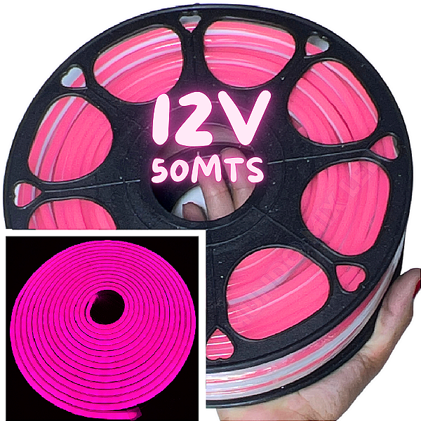 Mangueira Neon LED 12V 50MTS 6X12mm Rosa Pink 12w/mt Flexível 12volts