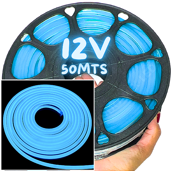 Mangueira Neon LED 12V 50MTS 6X12mm Azul Ciano 12w/mt Flexível 12volts