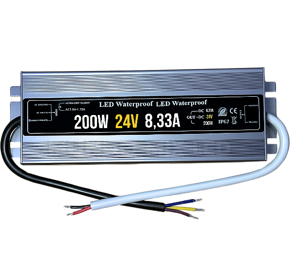 FONTE BLINDADA 200W 8,33A 24V A PROVA D'AGUA Alimentação 110V-220V Para LEDs / CFTV  24Volts 200Watts 8,33Amperes IP67