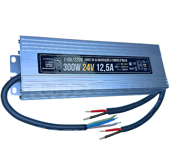 Fonte Blindada 300W 24V 12,5A Ip67 Prova Dagua 110V-220V Alimentação P/ Leds Cftv