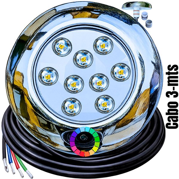 Luminária P/ Piscinas 12W LUZ RGB 12V IP68 80mm 3-IN1 1/2 3/4 Premium A Prova D’água 9w Aço Inox iluminação Super LED