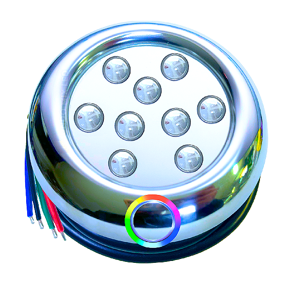 Luminária Refletor INOX P/ Piscinas RGB 12w 12v IP68 80mm Rosca 1/2 21mm Prova D’água