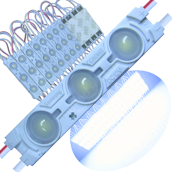 Módulo LED Injetado 6012 1,5w 3-LEDs Branco Frio 8000k 6cm 12v Prova Dágua ip67 Lente 160º
