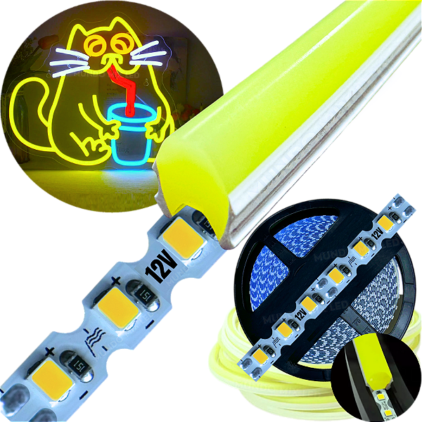 Neon Segunda Geração Flex + Fita Led 6mm Amarelo Limão Dobrável 12v 10w/mt 120led/mt Alto Brilho