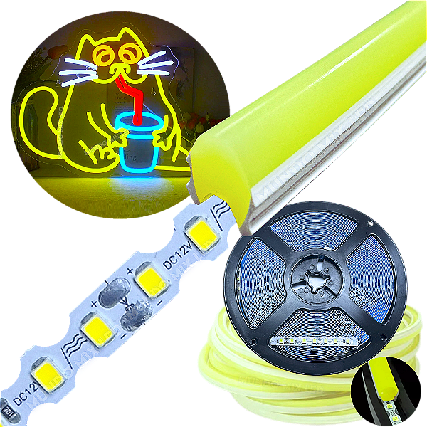 Neon Segunda Geração Flex + Fita Led 6mm Amarelo Limão Dobrável 12v 10w/mt 120led/mt Alto Brilho