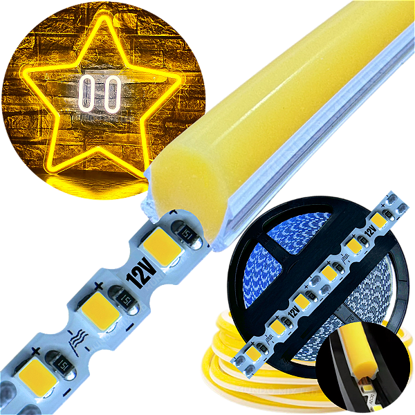 Neon Segunda Geração Flex + Fita Led 6mm Amarelo Âmbar Dobrável 12v 10w/mt 120led/mt Alto Brilho