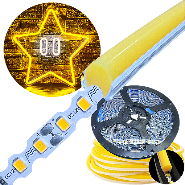 Neon Segunda Geração Flex + Fita Led 6mm Amarelo Âmbar Dobrável 12v 10w/mt 120led/mt Alto Brilho