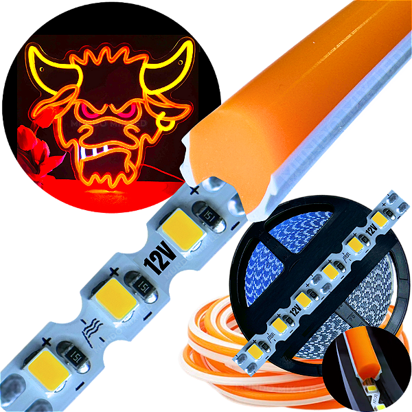 Neon Segunda Geração Flex + Fita Led 6mm Laranja Dobrável 12v 10w/mt 120led/mt Alto Brilho