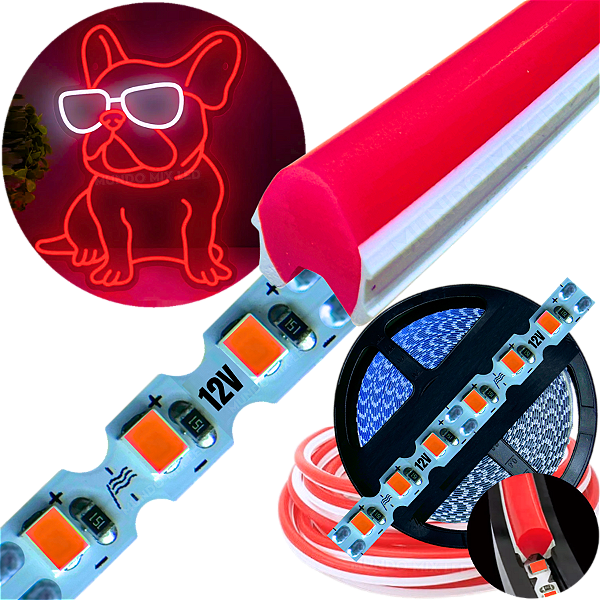 Neon Segunda Geração Flex + Fita Led 6mm Vermelho Dobrável 12v 10w/mt 120led/mt Alto Brilho