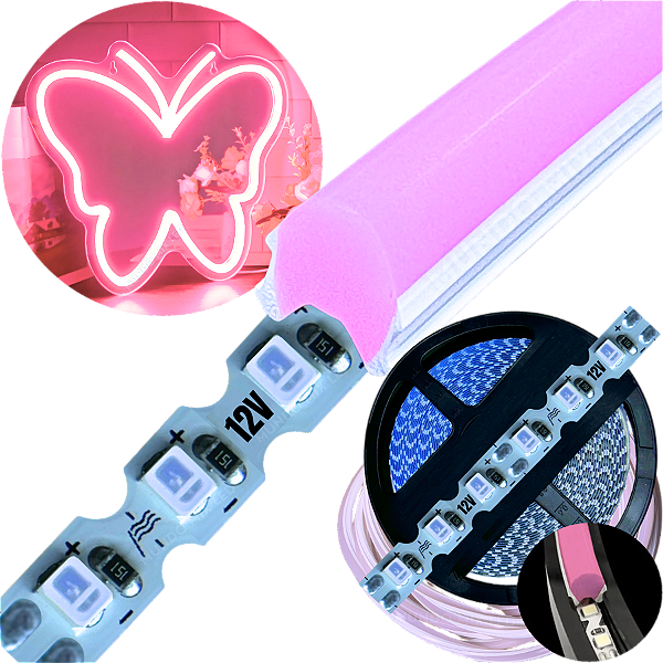 Neon Segunda Geração Flex + Fita Led 6mm Rosa Claro Dobrável 12v 10w/mt 120led/mt Alto Brilho
