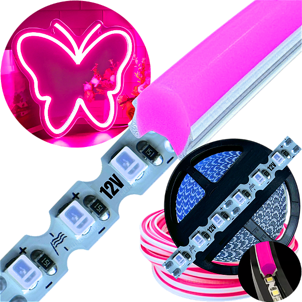 Neon Segunda Geração Flex + Fita Led 6mm Rosa Pink Dobrável 12v 10w/mt 120led/mt Alto Brilho