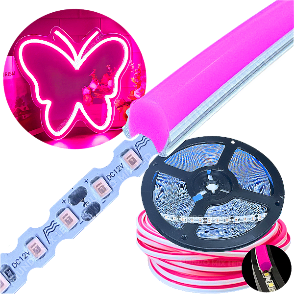 Neon Segunda Geração Flex + Fita Led 6mm Rosa Pink Dobrável 12v 10w/mt 120led/mt Alto Brilho