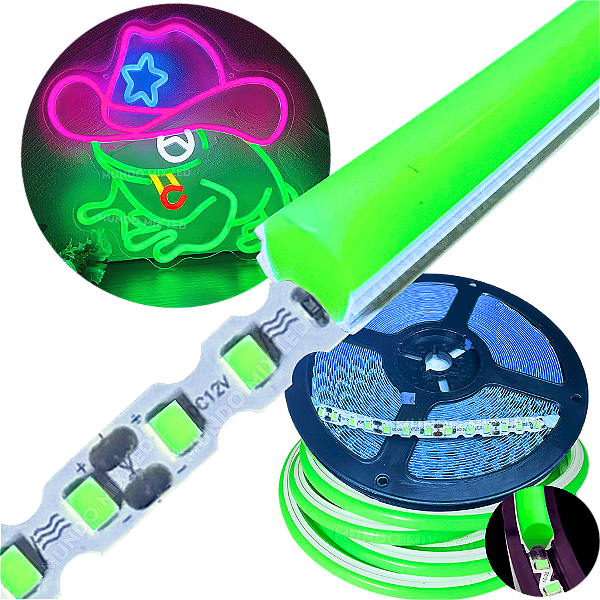 Neon Segunda Geração Flex + Fita Led 6mm Verde Puro Dobrável 12v 10w/mt 120led/mt Alto Brilho