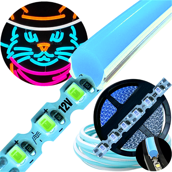 Neon Segunda Geração Flex + Fita Led 6mm Azul Ciano Dobrável 12v 10w/mt 120led/mt Alto Brilho