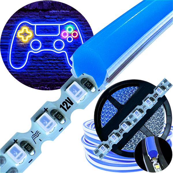 Neon Segunda Geração Flex + Fita Led 6mm Azul Royal Dobrável 12v 10w/mt 120led/mt Alto Brilho