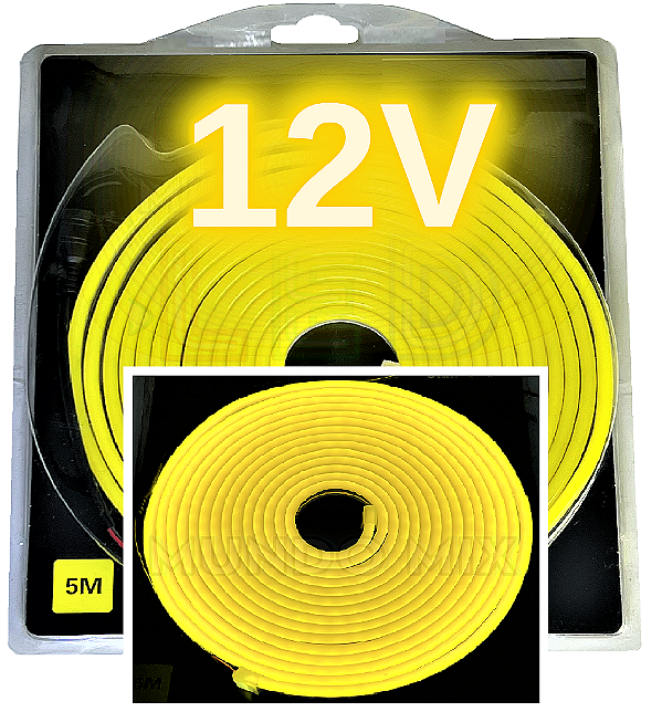 Mangueira NEON LED 12V 5MTS 6X12MM AMARELO LIMÃO 12W/MT Rolos C/ 5 Metros Flexível Alto Brilho Corte 2,5cm 12volts