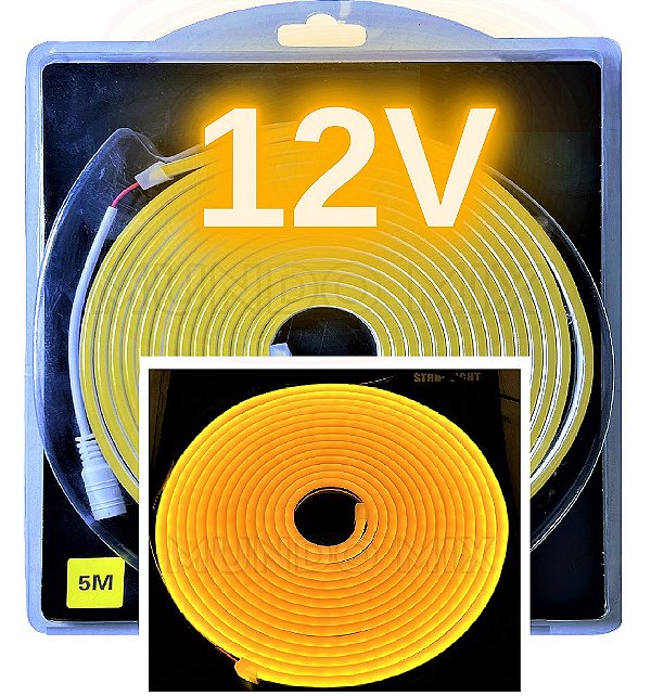 Mangueira NEON LED 12V 5MTS 6X12MM AMARELO ÂMBAR 12W/MT Rolos C/ 5 Metros Flexível Alto Brilho Corte 2,5cm 12volts