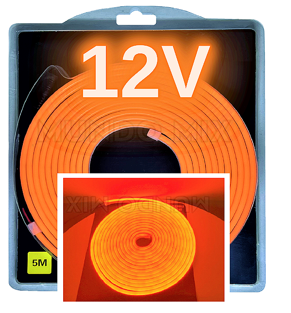 Mangueira Neon LED 12V 5mts 6X12mm Laranja 12w/mt Flexível Corte 2,5cm 12volts