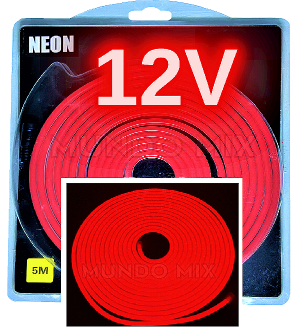 Mangueira Neon LED 12V 5mts 6X12mm Vermelho 12w/mt Flexível Corte 2,5cm 12volts