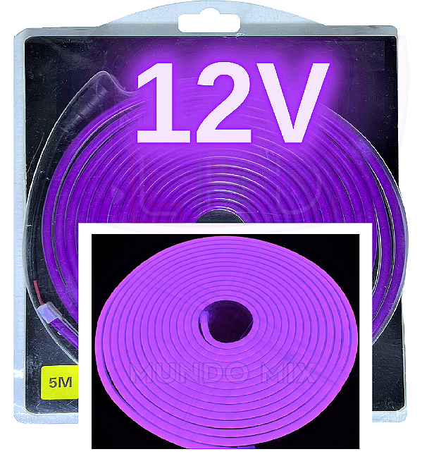 Mangueira Neon LED 12V 5mts 6X12mm Roxo 12w/mt Flexível Corte 2,5cm 12volts