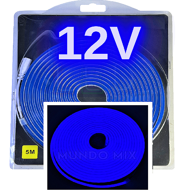 Mangueira NEON LED 12V 5MTS 6X12MM AZUL ROYAL 12W/MT Rolos C/ 5 Metros Flexível Alto Brilho Corte 2,5cm 12volts