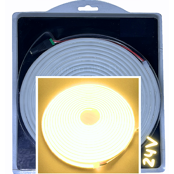 Mangueira Neon Led 24Volts 5mts Branco Quente 3.000k 6X12mm 12w/m Rolos C/ 5 Metros Flexível Alto Brilho Corte 5cm Para Ônibus Caminhão 24v
