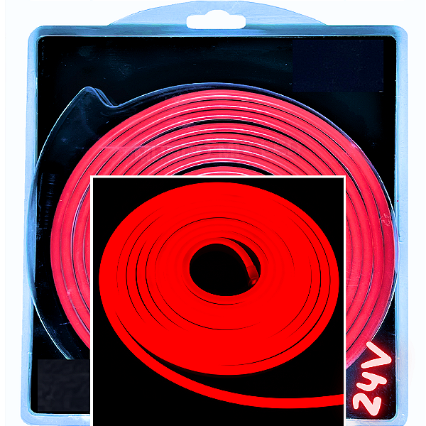 Mangueira Neon Led 24Volts 5mts Vermelho 6X12mm 12w/m Rolos C/ 5 Metros Flexível Alto Brilho Corte 5cm Para Ônibus Caminhão 24v