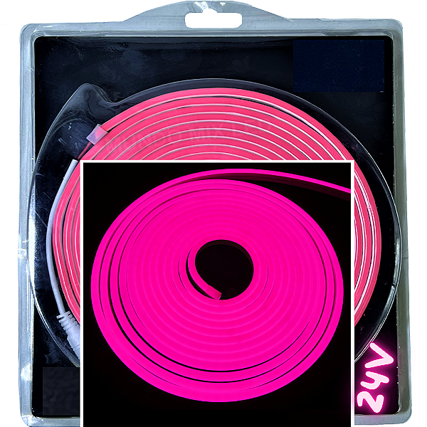 Mangueira Neon Led 24Volts 5mts Rosa Pink 6X12mm 12w/m Rolos C/ 5 Metros Flexível Alto Brilho Corte 5cm Para Ônibus Caminhão 24v