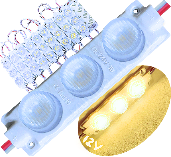 Módulo LED Mega Lente 3030 3W 12V 3-LEDs Branco Quente 3000K IP67 12Volts 60º Injetado Para Letreiros Super Leds