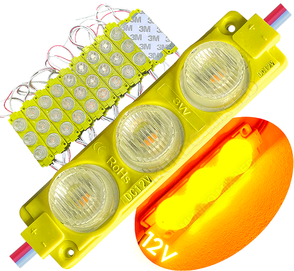 Módulo LED Mega Lente 3030 3W 12V 3-LEDs Amarelo ÂMBAR IP67 12Volts 60º Injetado Para Letreiros Super Leds