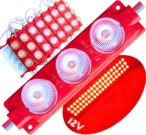 Módulo LED Mega Lente 3030 3W 12V 3-LEDs Vermelho IP67 12Volts 60º Injetado Para Letreiros Super Leds