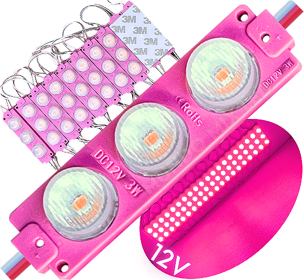 Módulo LED Mega Lente 3030 3W 12V 3-LEDs Rosa Pink IP67 12Volts 60º Injetado Para Letreiros Super Leds