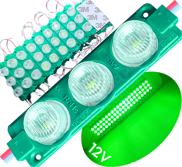 Módulo LED Mega Lente 3030 3W 12V 3-LEDs Verde Puro IP67 12Volts 60º Injetado Para Letreiros Super Leds