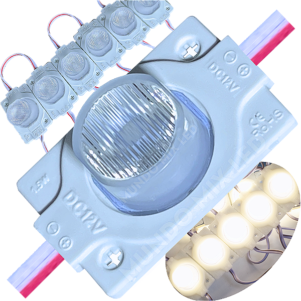 Módulo LED Mega Lente 3030 1.5W 12V 1-LED Branco Morno 4000k IP67 12Volts 60º Injetado Para Letreiros Super Leds